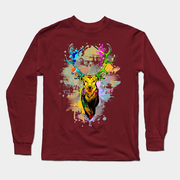 Deer PopArt Dripping Paint Long Sleeve T-Shirt by BluedarkArt